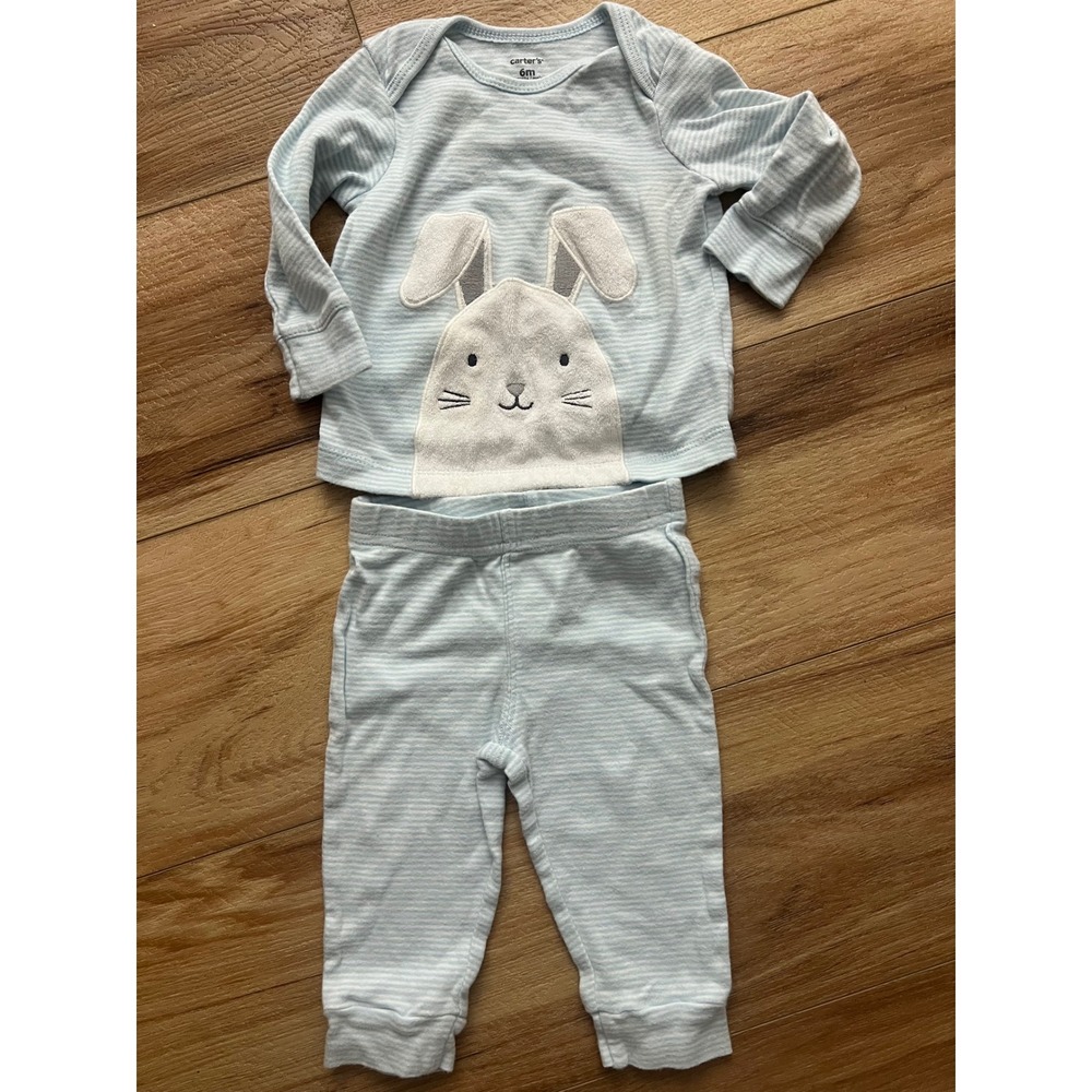 Carter's Pajama Set Baby 6M Blue Striped Bunny Applique 2pc Cotton Sleepwear